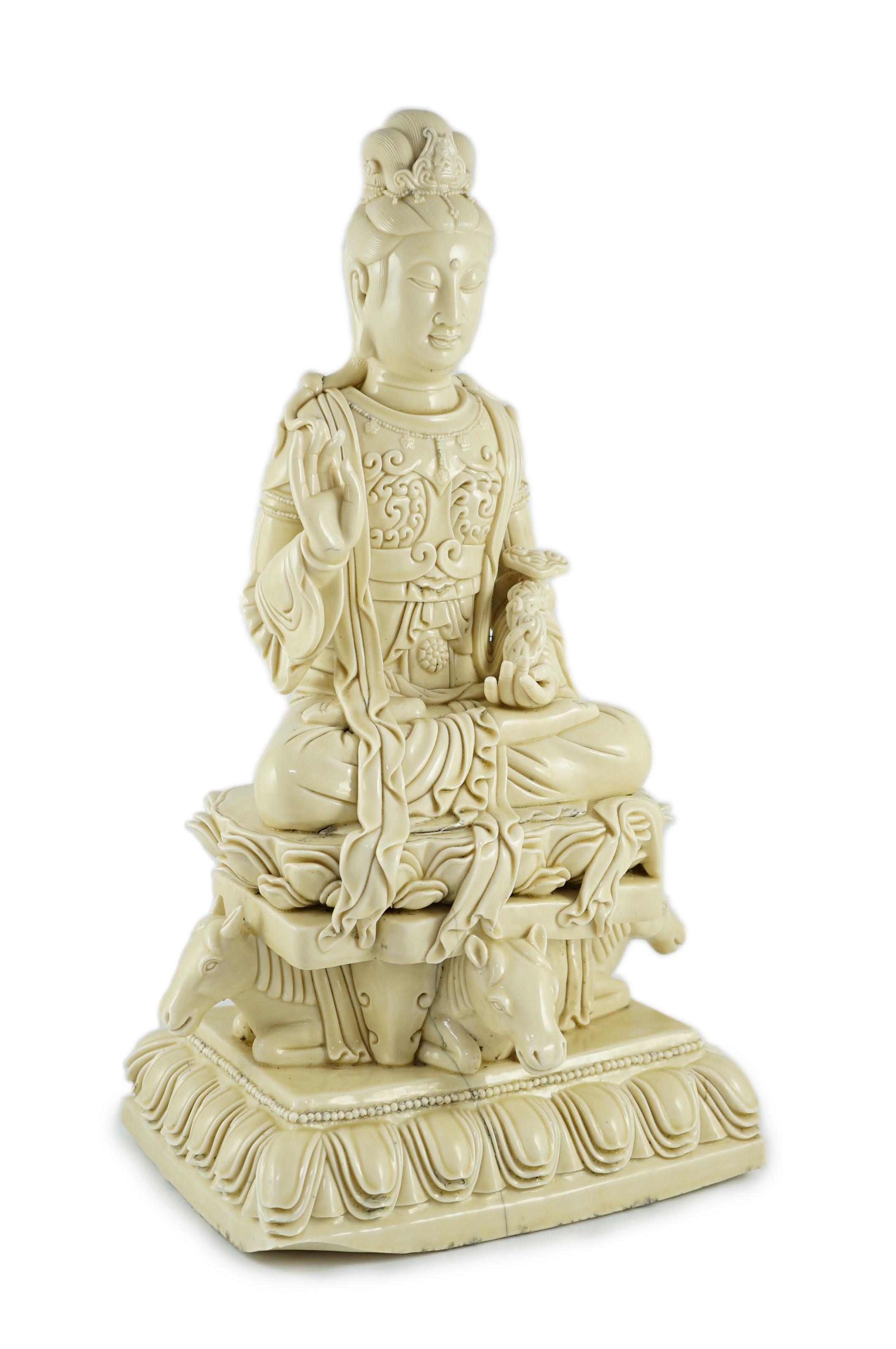 A large Chinese Dehua blanc de chine figure of Guanyin, Republic period, He Chaozong mark within a double gourd